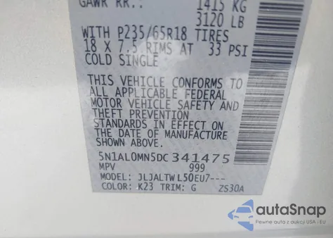 2013 Infiniti Jx35 from USA, damaged, VIN 5N1AL0MN5DC341475